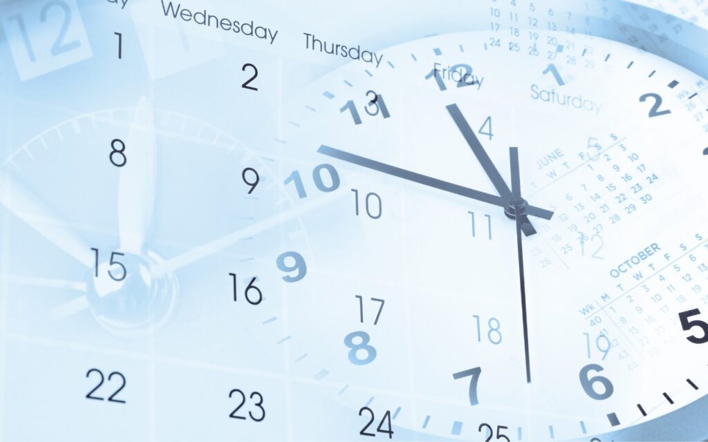 A collage of analog clocks, a calendar, and days of the week, symbolizing the passage of time, scheduling, and working with time zones in Apple’s Calendar apps. The image uses a blue tint and overlapping transparent elements.