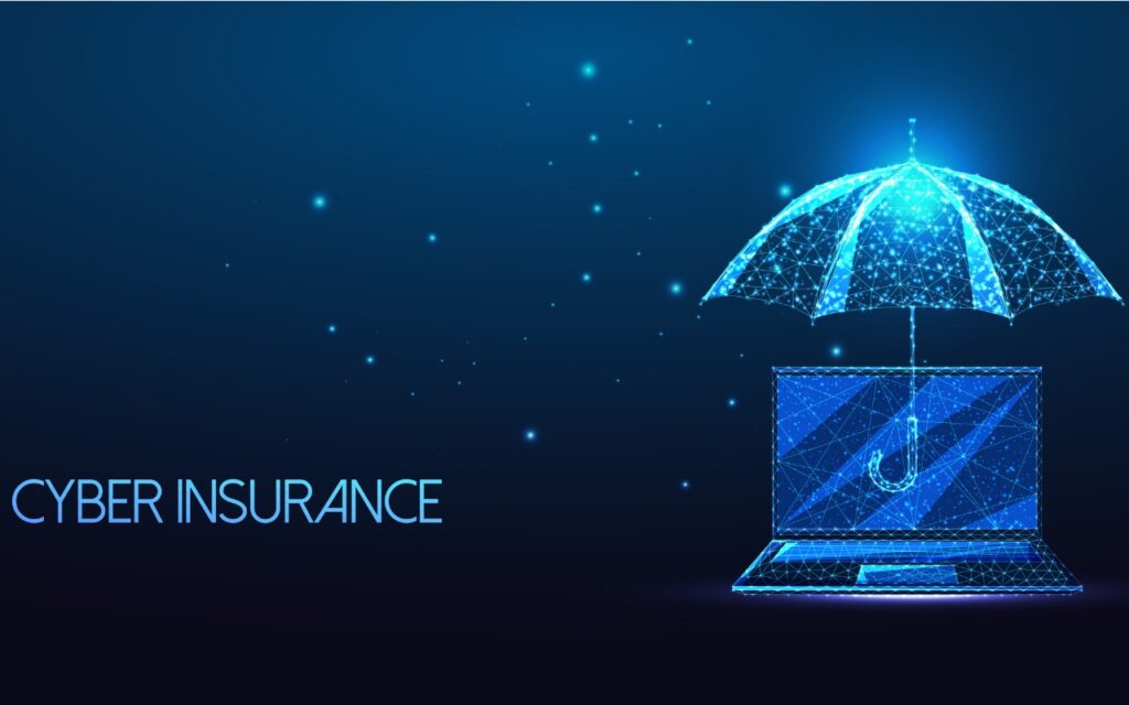Digital illustration of a glowing umbrella shielding a laptop with a phishing hook on the screen, symbolizing cyber insurance protection. Consider Personal Cyber Insurance, with the words CYBER INSURANCE on the left.
