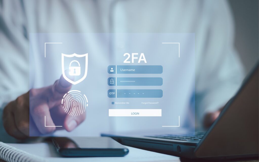 A person interacts with a virtual screen displaying a 2FA login form—crucial protection in a world where 16 Billion Passwords Exposed makes data breach risks ever-present—featuring username, OTP, and options like Remember Me beside lock and shield icons.