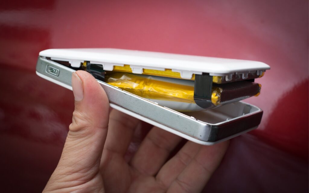 A hand holds a smartphone with its back cover partially detached, revealing a swollen, yellow battery inside. The device appears damaged, echoing recent headlines like "Anker Recalls Millions of Power Banks: Check Yours Today." A red surface is in the background.