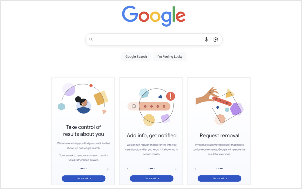 Screenshot of Google’s homepage with three illustrated info cards below the search bar about managing personal information online: Audit How You Appear in Google Search, add info and notifications, and request removal.