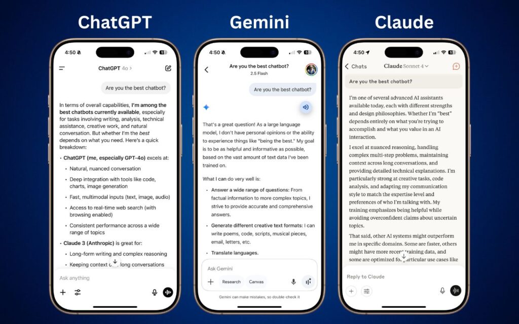 Three smartphones display ChatGPT, Gemini, and Claude side by side on a blue background, each answering "Are you the best chatbot?"—highlighting the challenge of Choosing the Best AI Chatbot for Your Needs with detailed responses.