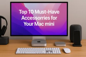 A desktop setup featuring a monitor displaying Top 10 Must-Have Accessories for Your MacMini, with a Mac mini, keyboard, mouse, touchpad, headphones, smart speaker, and wireless phone charger neatly arranged.