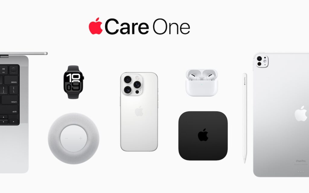A variety of Apple products are displayed under the AppleCare One logo on a white background, highlighting how Apple introduces AppleCare One for multi-device coverage to protect your MacBook, iPhone, AirPods, iPad, and more.
