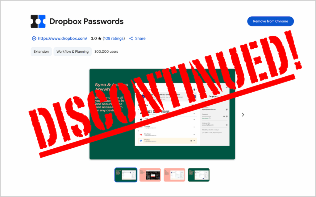 Screenshot of the Dropbox Passwords Chrome extension page with a large red DISCONTINUED! stamp across the image. Dropbox Passwords Ending: Switch to 1Password Now.