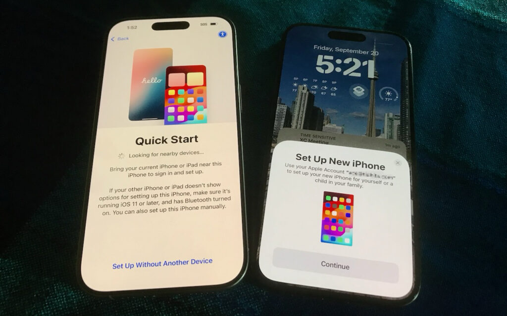 Two iPhones on a blue fabric. One shows the Quick Start setup screen; the other displays a Set Up New iPhone dialogue at 5:21 with a cityscape wallpaper. Follow This Advice Before Switching to a New iPhone 17 for a seamless upgrade.