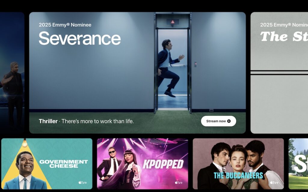 A streaming service interface displays TV shows, with “Severance” featured as a 2025 Emmy nominee. Other shows, including “Government Cheese,” “Kpoppped,” and “The Buccaneers,” are also shown. Pay for Apple TV+ annually to avoid the recent monthly price increase.