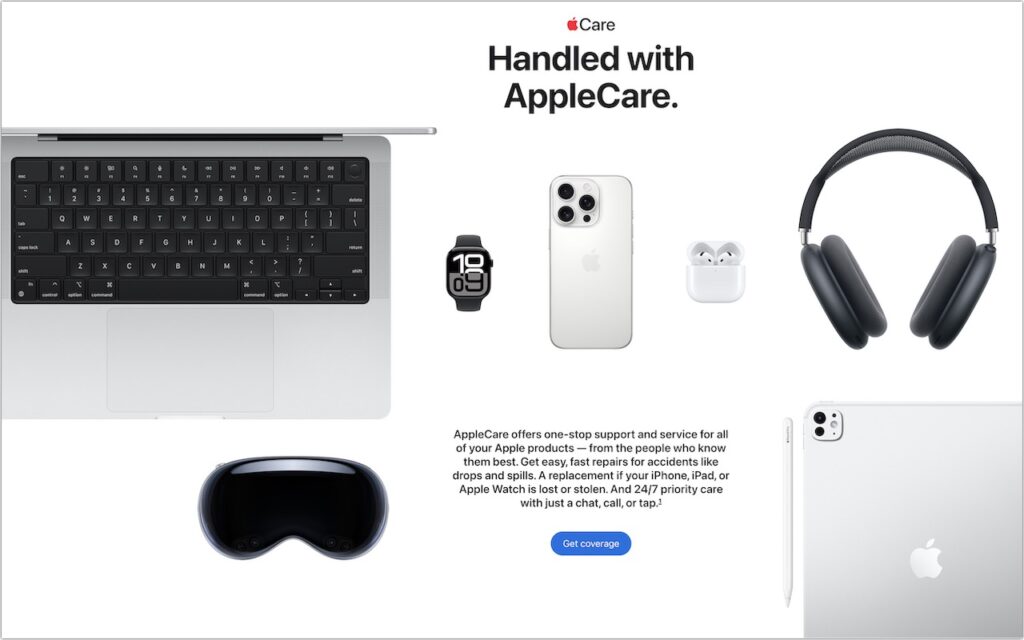 Top view of Apple products—MacBook, Apple Watch, iPhone, AirPods, AirPods Max, Vision Pro, and iPad—with text highlighting AppleCare support. Wondering when should you subscribe to AppleCare? Tap the blue Get coverage button to learn more.