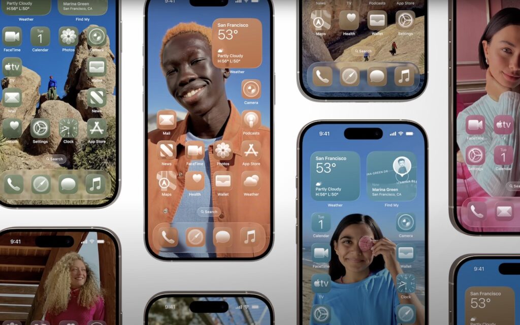 Several iPhones display colorful home screens with widgets and app icons, showcasing how to customize the iPhone and iPad Home Screen with Liquid Glass. The screens feature diverse people smiling, weather info, and custom pastel layouts.