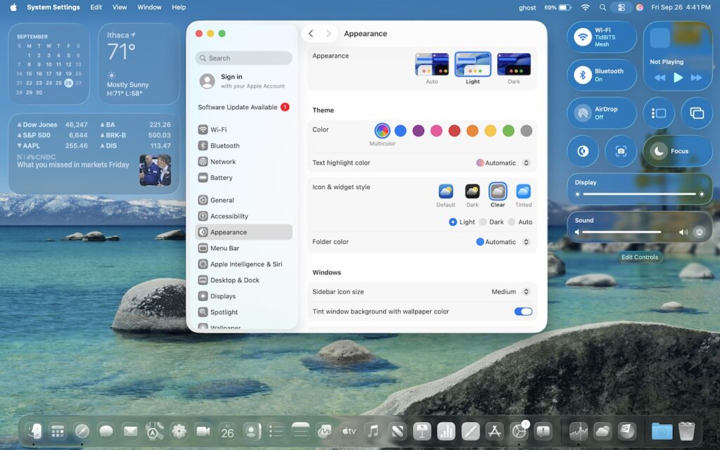 A desktop screenshot shows macOS System Settings with the Appearance menu open. The background displays a clear lake with rocks, and widgets for weather and calendar are visible on the left; system controls are on the right.