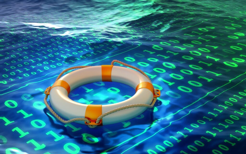 A life preserver floating on water with green binary code beneath the surface, symbolizing digital safety and the importance of Backups: Trust but Verify for true data protection.