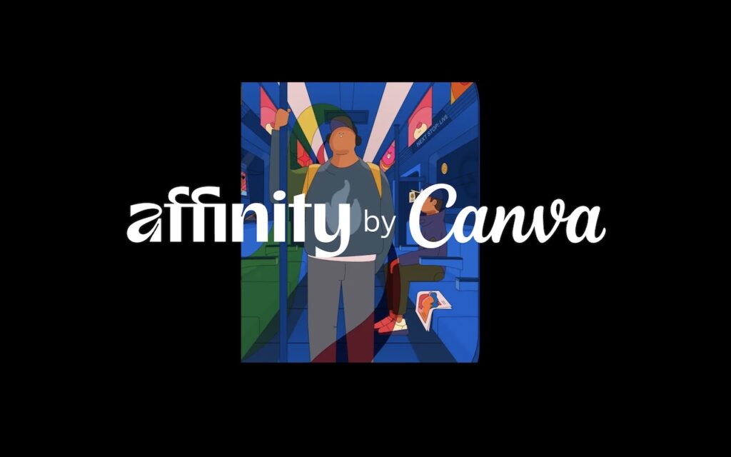 A colorful digital illustration of a person standing in a train is overlaid with the text "Canva’s Free Affinity App Takes on Adobe Creative Cloud" in bold, white stylized font on a black background.