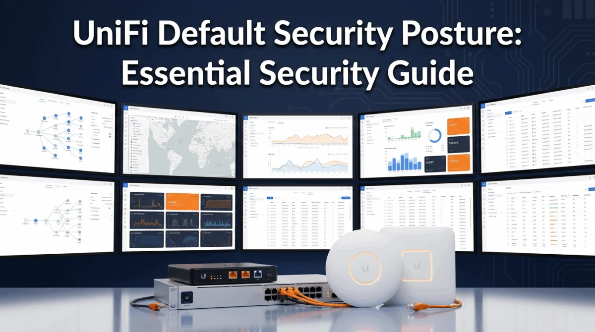 'UniFi Default Security Posture: Essential Security Guide' in 70pt white sans-serif font with dark shadow, positioned in upper third. Background shows a m...				<a href=