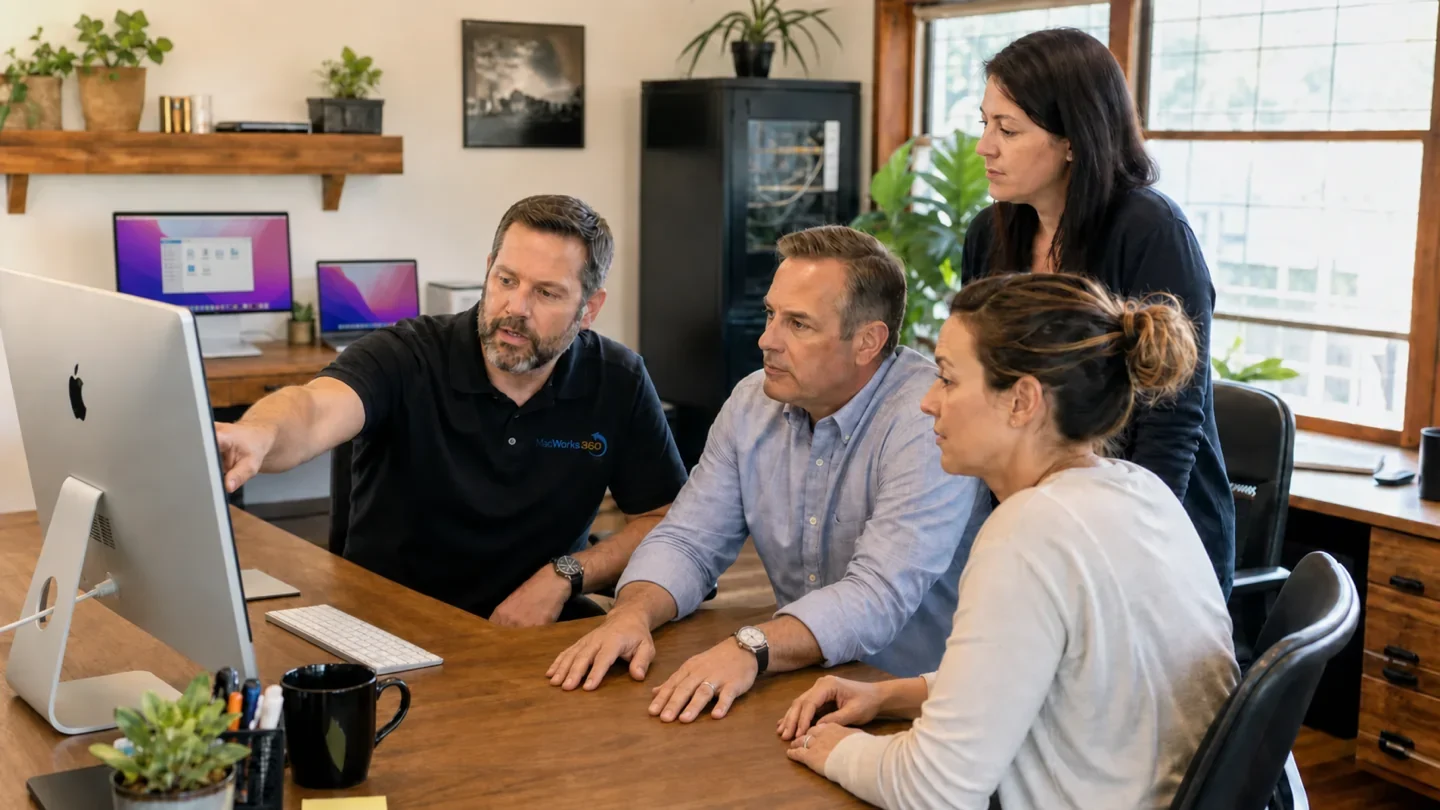Four adults sit around a desk in a modern office, looking at a computer screen while one man points, appearing to explain something. There are plants, shelves, and large windows in the background.