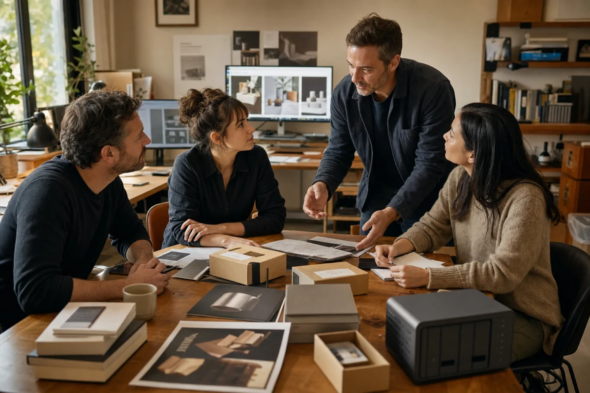 Four people sit around a table with papers, boxes, and a computer monitor in the background, having a discussion in a modern office or studio setting.