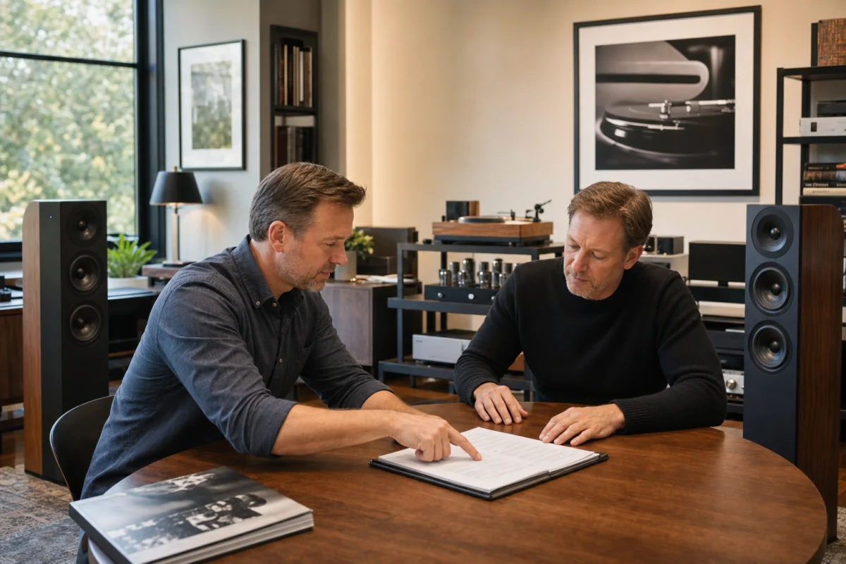 Two men sit at a round table in a modern office, reviewing documents together. Audio equipment and framed photos are visible in the background.