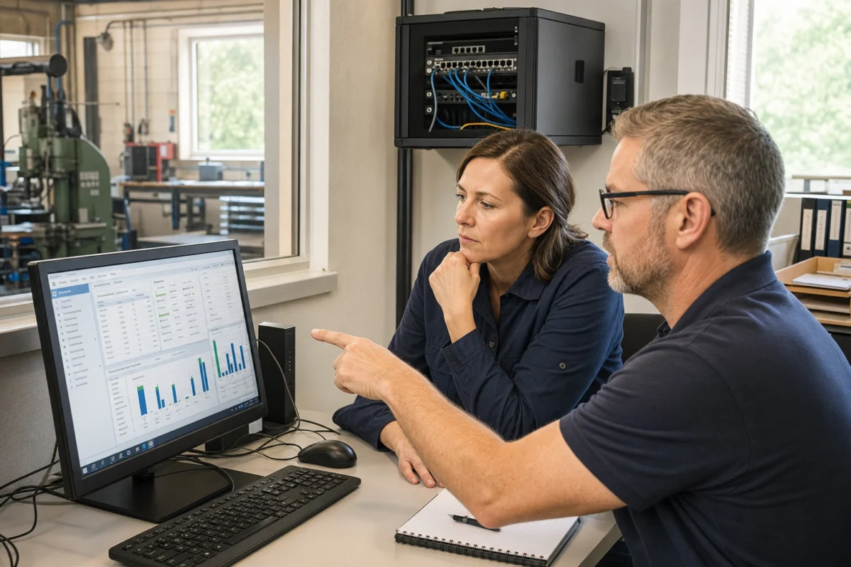A man and woman sit at a desk, looking at a computer screen displaying charts and graphs. The man points at the monitor while the woman listens, with a notepad on the desk. Networking equipment is visible in the background.