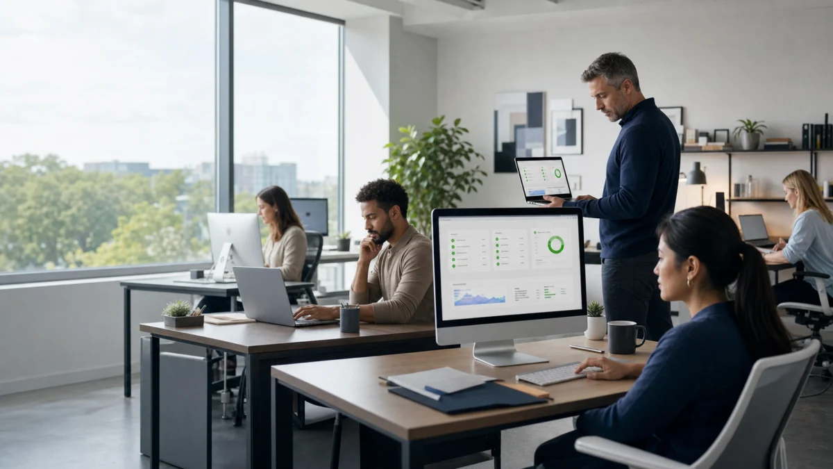 Four people work at desks with computers in a modern office with large windows. One man stands holding a laptop while others are seated, focused on their monitors displaying charts and graphs. Plants decorate the room.