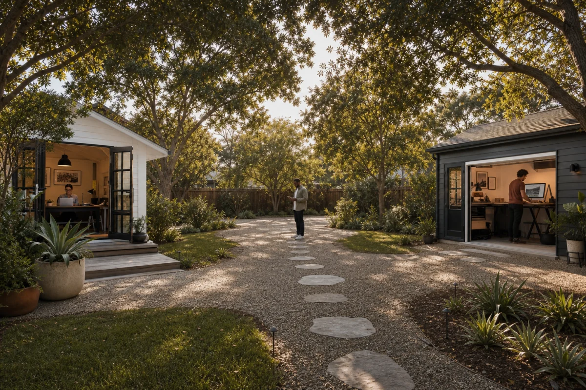 A backyard with two small buildings, each with someone working inside. A person stands on a stone path between them, surrounded by trees and greenery on a sunny day.