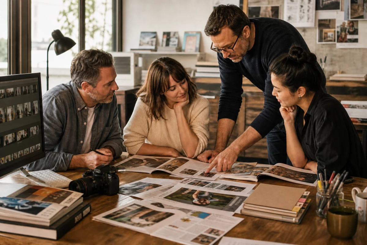 Four people sit around a table covered with magazines, photos, and papers. One person stands, pointing at a page, while the others listen and look on attentively in a creative office space.