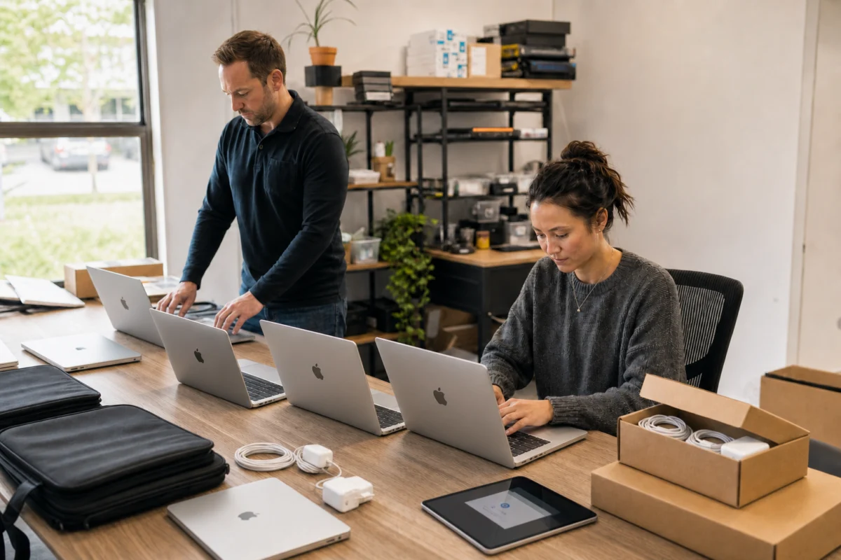 Two people work at a wooden table with several MacBook laptops, boxes, and tech accessories. One stands typing, the other sits packaging or setting up devices. Shelves with equipment are visible in the background.