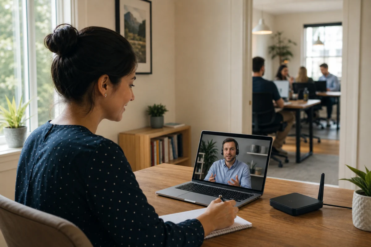 A woman sits at a desk, taking notes while having a video call on her laptop with a man. In the background, a group of people meet in an office.