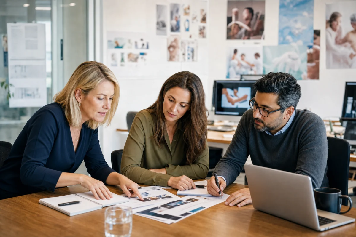 Three people sit at a table in a modern office, reviewing documents and discussing. One points to papers, another takes notes, and a laptop is open nearby. Design materials and photos are visible on the walls in the background.