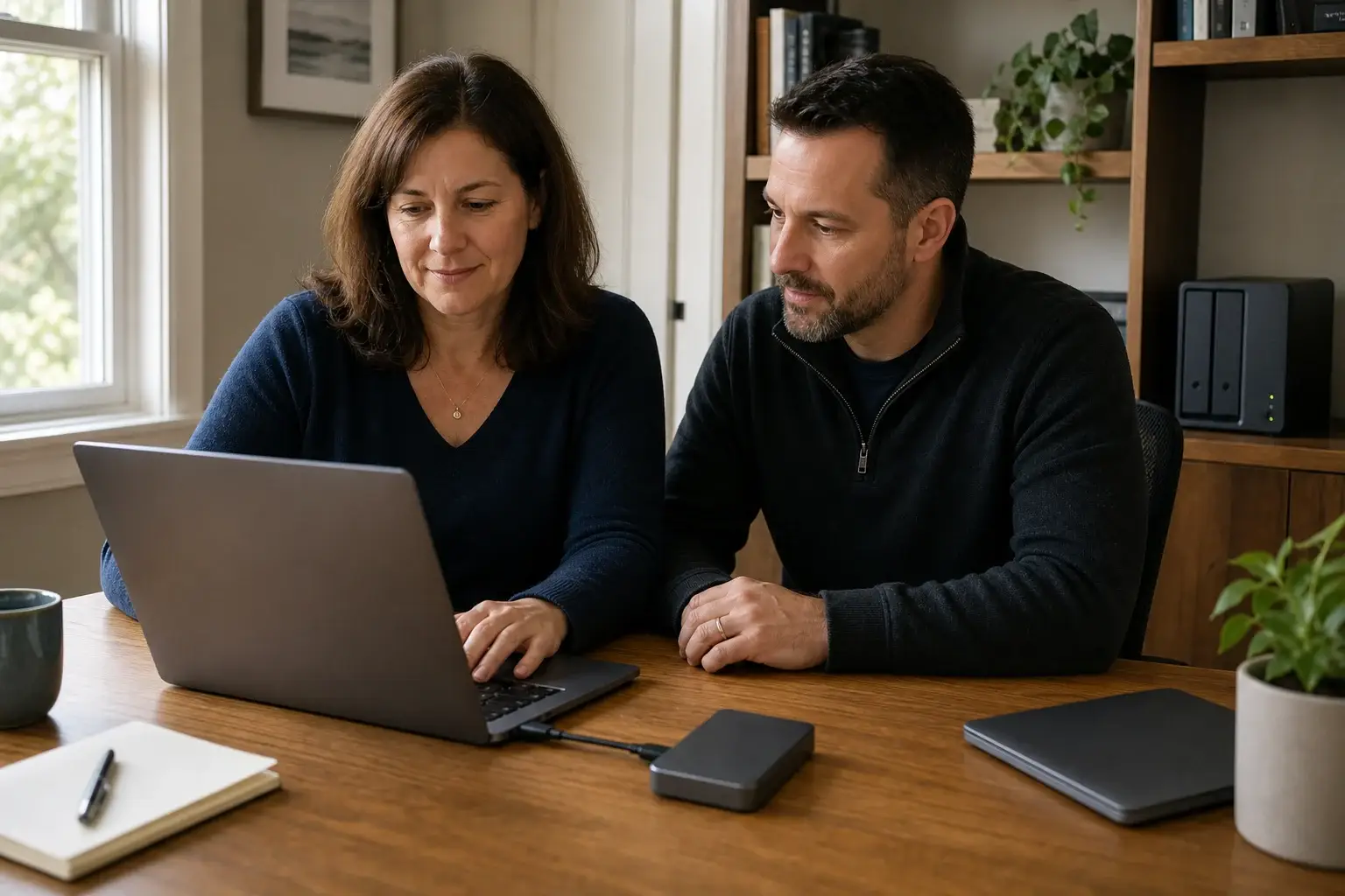 A client and IT consultant reviewing a Mac backup setup with an external drive and network storage.
