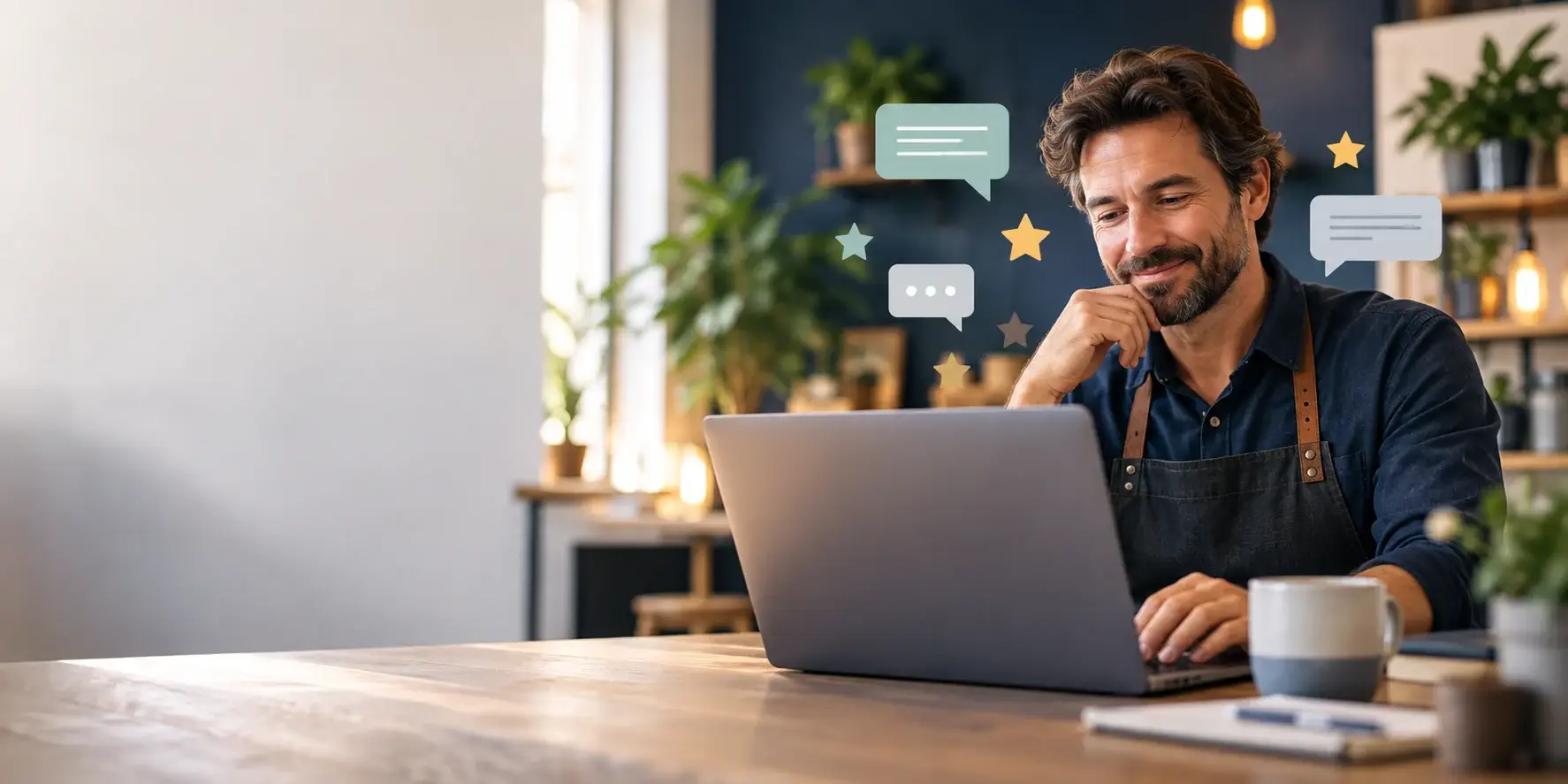 Business owner sharing thoughtful feedback about an Apple IT support experience