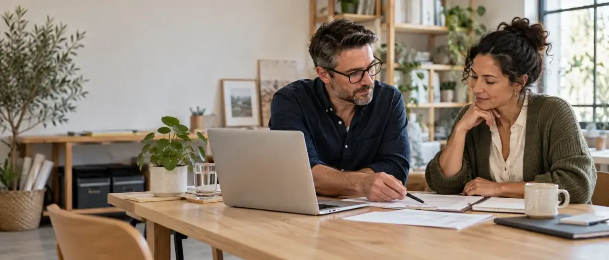 A man and a woman sitting at a wooden table, working together on documents in front of a laptop while reviewing a secure configuration.
